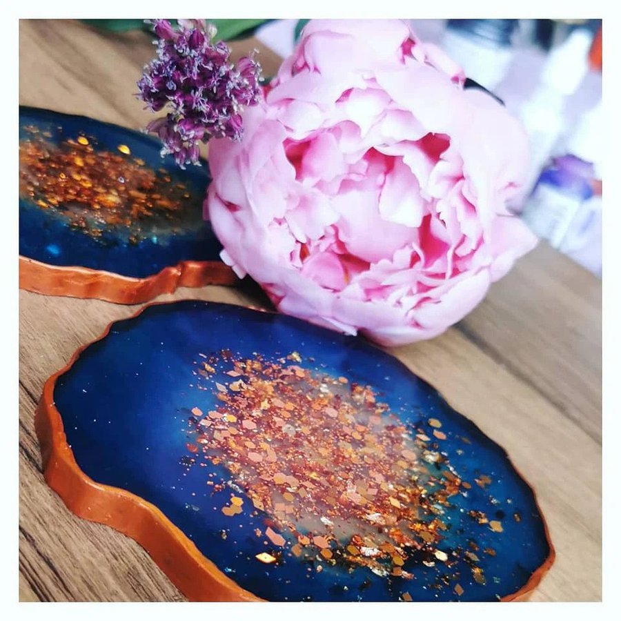 <p>4 X Blue & Copper Geode Style Coasters, Handmade Luxury Coasters - Art by Lauren Ash</p>